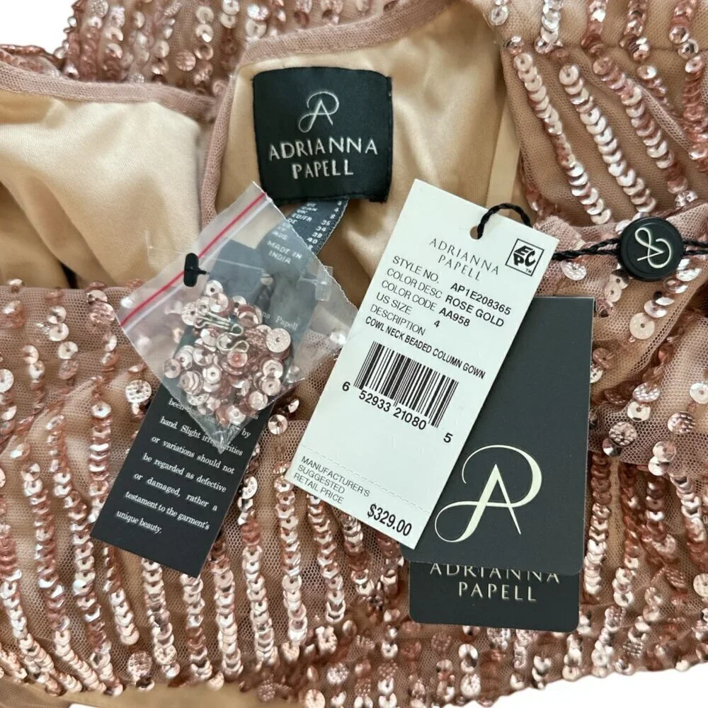 Adrianna Papell Rose Gold Cowl Neck Beaded Sequin Column Gown Dress NWT New 4